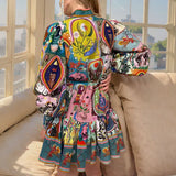 Women's Printed Round-Neck Belt Folded Lotus Leaf Side Retro Folded