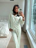 Women's Y2K 2Pcs Heart/Floral Print Pajamas Set Long Sleeve Lapel Button Up Shirt Tops+Sleepwear Pants Pjs Loungewear-Outfit
