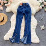 Retro Split Denim Trousers Female Casual Loose Wide Leg Pants Ladies Hight Waist Thin Streetwear Autumn Flare