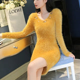 Mink Furry Sweater Women Autumn Winter Embroidery Elasticity Knit Bottoming Pullover Hippocampus Sexy Package Hip