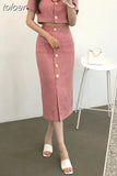 Korea Elegant Lapel Thin Tweed Small Suit Short Jacket + High Waist Chic Button Slim Womens Two Piece Skirt Sets