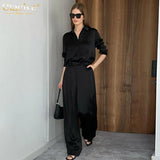 Fashion Black Wide Trouser Suits Casual Blouse Office Two Piece Set