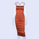 2020 Satin Sleeveless Cross Lace Up Backless Sexy Mid-Calf Dress Women Spaghetti Strap Dresses Club Party Outfits