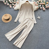 Women Casual Knitted Sets Half High Collar Sweater Top+Elastic Wide Leg Long Pants Winter Sweater Two Piece