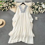 Fat Mm Large-Size Women's New Embroidery V-Neck Loose Long National Style Holiday Dress