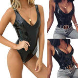 Toloer Ladies PVC Bright Leather Onesie Sexy Zipper Open Strap Leather Vest Size Accurate-Outfit