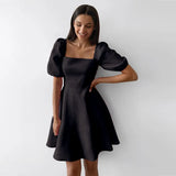 Women's New Temperament Square Collar Short Sleeve High Waist Thin Dress