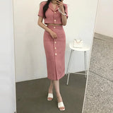 Korea Elegant Lapel Thin Tweed Small Suit Short Jacket + High Waist Chic Button Slim Womens Two Piece Skirt Sets Summer 425-1-Outfit