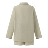Celmia Loose Summer 2 PCS Sets Cotton Casual Lightweight Lapel Long Sleeve Shirt and Pleats Elastic Waist Short Suits Short