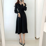 V-neck Puff Sleeve A-line Maxi Dresses for Woman Women Solid Color Midi Robe Korean Office Dresses Elegant Spring