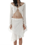 Mesh Ruffles Long Sleeve Tie Up Crop Top And Wrap Skirt Set-Outfit