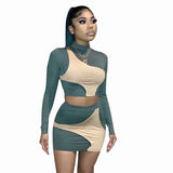 Sexy Colorblock Two Piece Set Long Sleeve Crop Top and Mini Skirt Suits for Women 2021 Clubwear Bodycon Dress