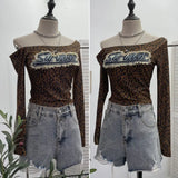 Real Shooting Spice Girls Letter Sticker Leopard Long-Sleeved T-Shirt 2024 Autumn New Thin Short Top