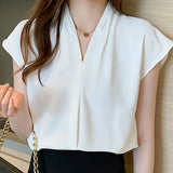 Blouses Short Sleeve White Blouse Summer Tops Blouse Women Blusas Mujer De Moda 2021 V-Neck Chiffon Blouse Shirt