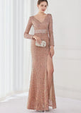 Winter Elegant Deep V Neck Long Sleeve Slit Cocktail Eevening