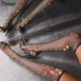 Black Sparkly Bling Bling PVC Clear Sequins Diamond Fishnet Cut Out Pointed Toe Heel-Strap Over The Knee Thigh Socks