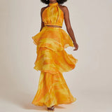 Fashion Hanging Neck Tie Dye Design Fluffy Cake Dress In Autumn