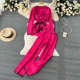 Fashion Sweater Two Pieces Sets Ladies Long Sleeve Knit Cardigan+Wide Leg Knit Long Pant Sets Women OL Knitted
