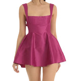 Women Sling Mini Dress Evening Party Summer Clothes Solid Color Sleeveless Backless Square Neck A-line Dress Sexy Club-Outfit