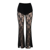 Pure Black 2024 Summer Sexy New Lace Commuter Casual Pants Perspective Net Gauze Long Trousers Generation Hair Girl-Outfit