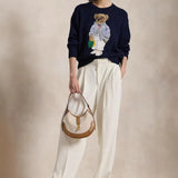 New Knitted Shirt Pink Cartoon Bear Embroidered Knitted Shirt Collar Long-Sleeved Sweater Cute Wind Top