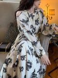 Autumn Elegant Floral Midi Dress Women Even Party Dress Korean Fashion Office Lady Long Sleeve Casual Slim Vintage