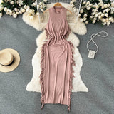 Tassel Design Sleeveless Tank Top Dress Fashion O Neck Slim Elastic Waist Female Elegant OL Bodycon Midi Long