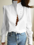 Stand Collar Office Blouse Women Casual Puff Sleeve Work shirts White Ladies Single-Breasted Top Spring Fashion