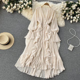 Bohemian Beach Long Dress Summer Women 2022 Ruched Long Sleeves V Neck Elegant Elastic Waist A Line Beach