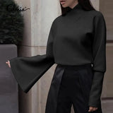 Tops and Blouses 2022 Celmia New Elegant Long Flare Sleeve Party Tunic Shirts Casual Loose High Collar Solid Office