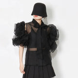 Casual Shirt For Women Bowknot Collar Half Sleeve Sheer Solid Button Through Blouse Female Fashion Clothing