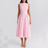 Spring-Summer Women's New Round Collar Bareback Solid Color High Fashion Dress