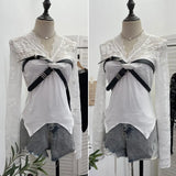 Shooting Babes V-Neck Lace Lace Splicing Belt Long Sleeve Design Irregular Short Bottom Top