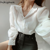 Women Shirts Office Lady Turn-down Collar Loose Lantern Sleeve White Blouses Tops Korean Fashion Elegant Blusas