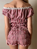 Women Summer 2pcs Outfits Short Sleeve Ruched V-neck Off Shoulder T-shirts Tops Solid Color/Plaid Print Shorts 2024-Outfit