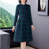 winter Women Vintage Plaid dress New Long Sleeve Green Plaid Fashion Dress Mid-Long Ladies Thickening Woolen Dress