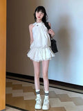 Aging Simple Temperament Suit Women's Summer Design Sense Hanging Neck Blouse Waist Fluffy Half Skirt Two Sets-Outfit