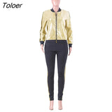 Gold Silver Sequin Patchwork 2piece Matching Tracksuit Set Women Streetwear Fall Black Jacket Pants Side Stripe