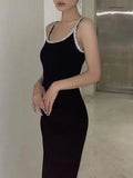 Sexy Black Dress For Women Round Neck Sleeveless High Waist Patchwork Diamonds Solid Midi Dresses Female