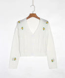 Front Buttons Cardigan Autumn Loose White Long Sleeve Pull Femme Chic Floral Embroidered Women