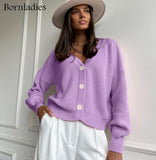 Casual V-neck Knitted Loose Cardigan Women Buttons Lantern Sleeve Sweaters Female Basic White Autumn Winter