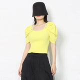 Casual Patchwork Diamonds Sweater For Women Square Collar Short Sleeve Solid Slim Knitting Pullover Female