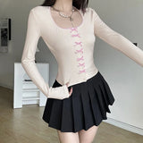 Desire Young Girl Feeling Bow Tie U-Shaped Slim Long-Sleeved T-Shirt 2024 Spring / Summer New Fashion Blouse-Outfit