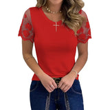Shirts for Women Casual Summer O Neck Short Sleeve Tops Lace Patchwork Design Slim Fit Pullovers Top 2021 Blusa