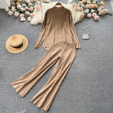 Women Casual Knitted Sets Half High Collar Sweater Top+Elastic Wide Leg Long Pants Winter Sweater Two Piece