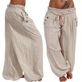 Pants Women Fashion Casual Loose Long Pants Solid Color Baggy Harem Pants Summer Button Sashes Wide Leg Trousers