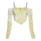 Velvet Gothic Sexy Off Shoulder T-shirts Grunge Elegant Long Sleeve Women Cropped Tops Backless Strap