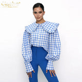 Fashion Woman Blouses 2022 Autumn Doll Collar Long Sleeve Office Lady Shirts Elegant Loose Lattice Tops Female