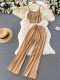 Split Women Set Casual Solid Summer 2022 Fashion Strap Camisole Elastic Waist Drawstring Wide Leg Pants Two Piece