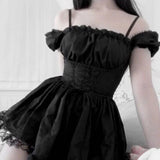 Goth Bandage Harajuku White Lolita Kwaii Dresses Black Women Sexy Mini Dress Gothic Lace Puff Sleeves Bodycon Partywear-Outfit